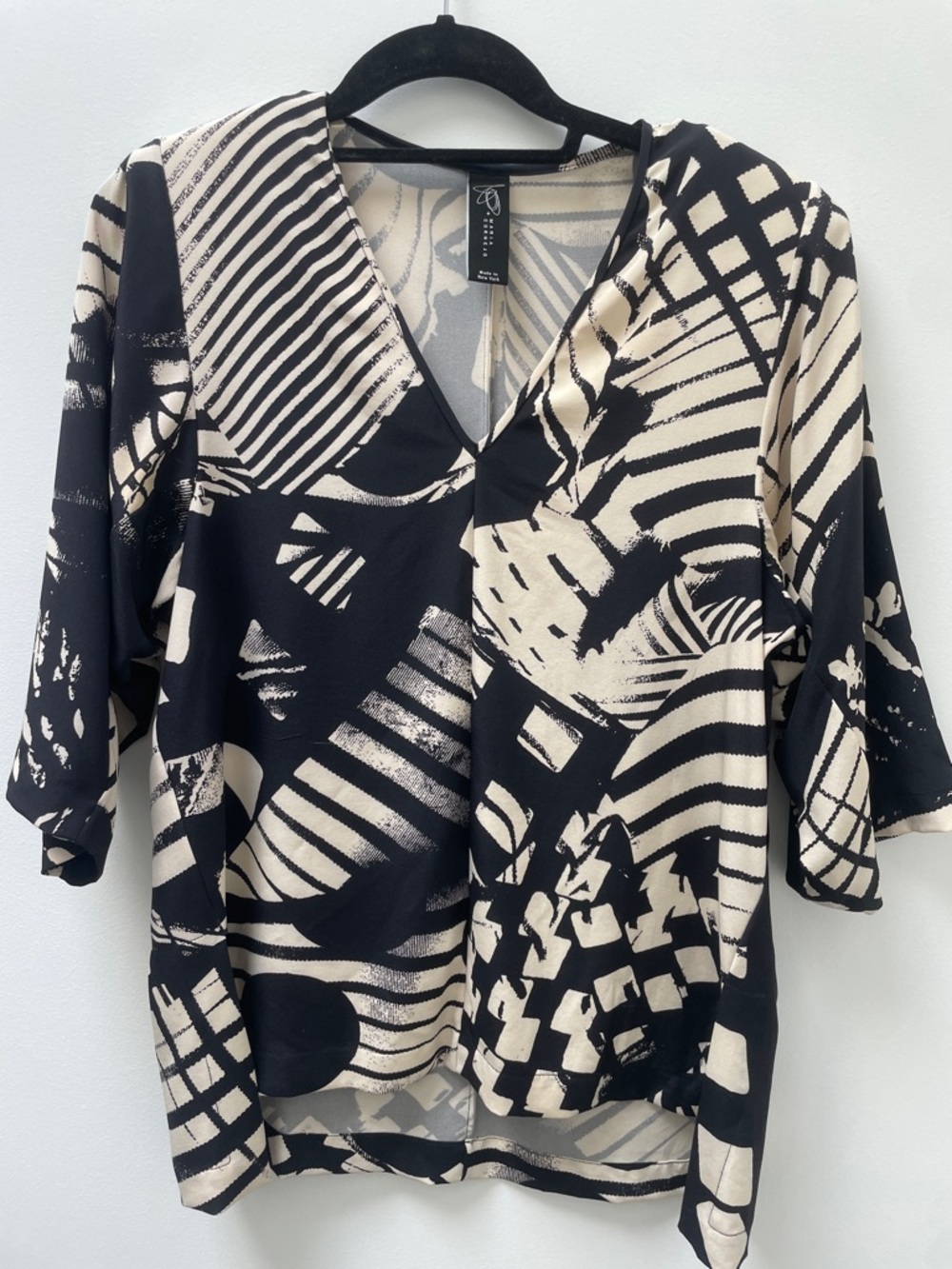 Zero + Maria Cornejo Patterned Silk Tunic Blouse Size 8 Ivory Black